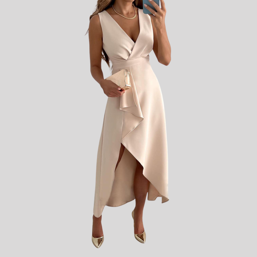 Elegantes Abendkleid Damen – Maxikleid mit V-Ausschnitt und Asymmetrisc Rock