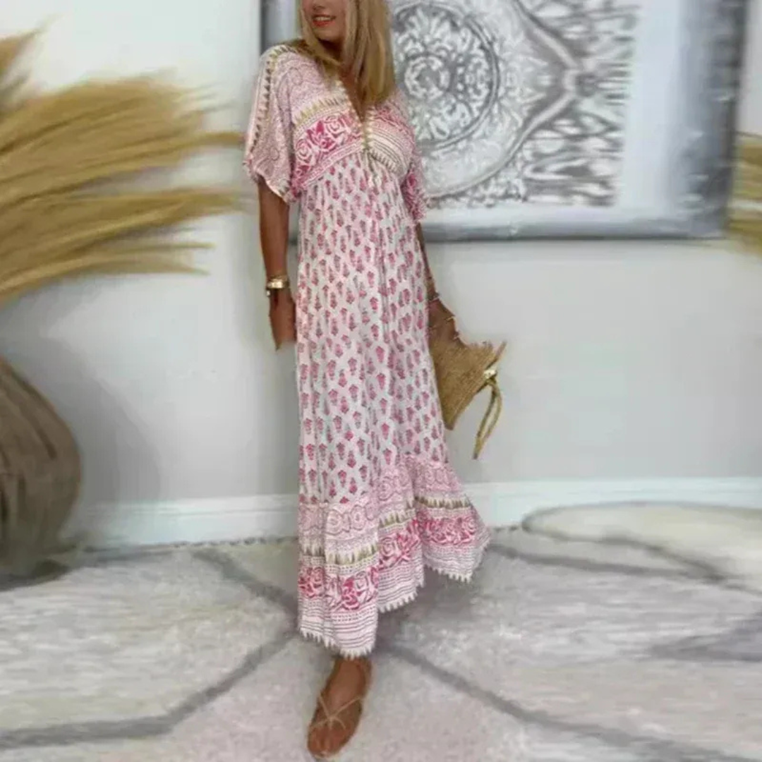 Elric | Damen Rosa Maxikleid Bequem Kleid Lang Boho