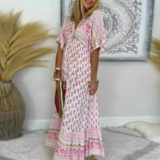 Elric | Damen Rosa Maxikleid Bequem Kleid Lang Boho