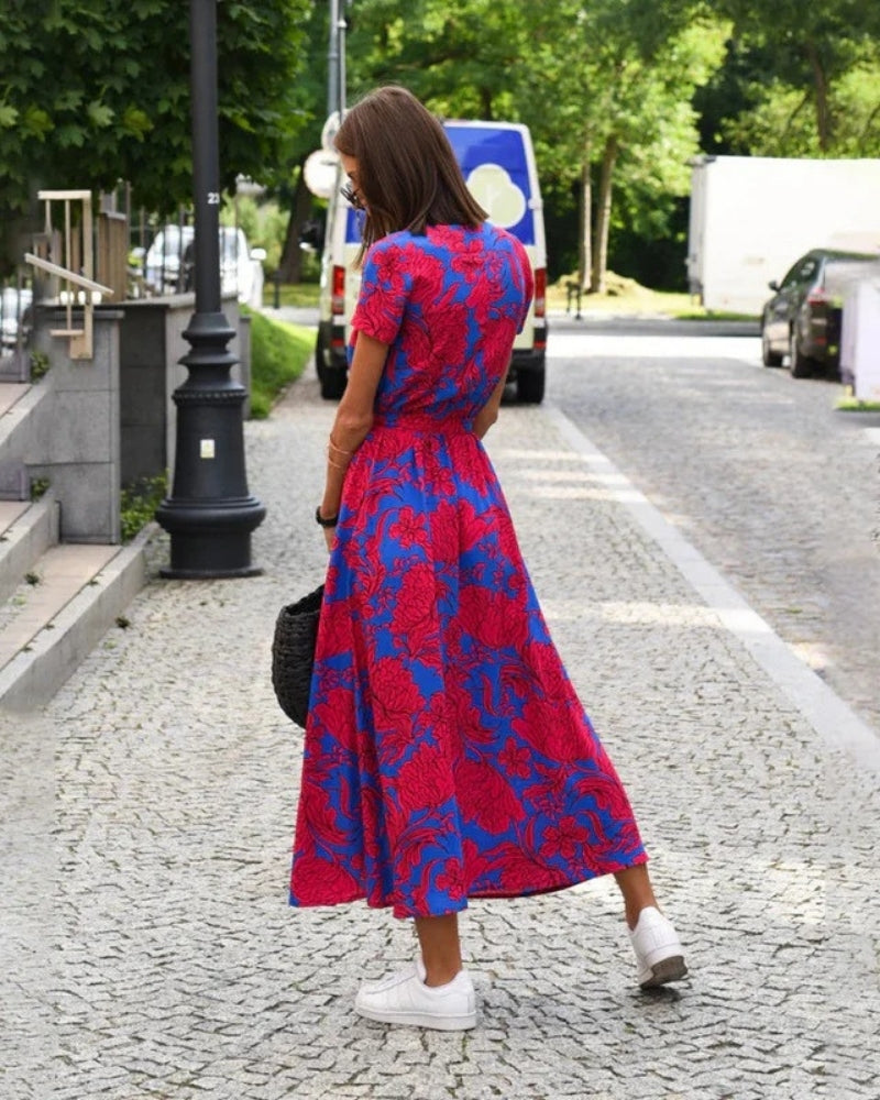 Festlich Damen florales Wickel-Midikleid mit V-Ausschnitt | Bindegürtel