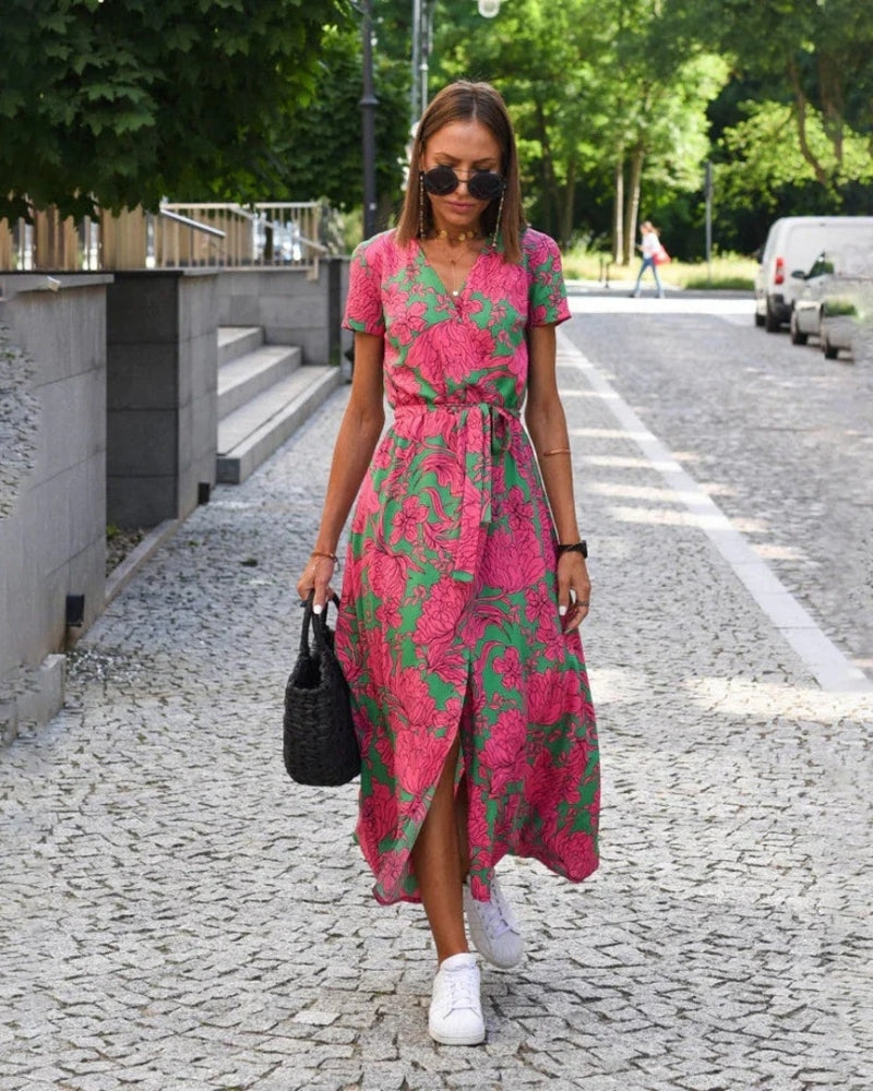 Festlich Damen florales Wickel-Midikleid mit V-Ausschnitt | Bindegürtel