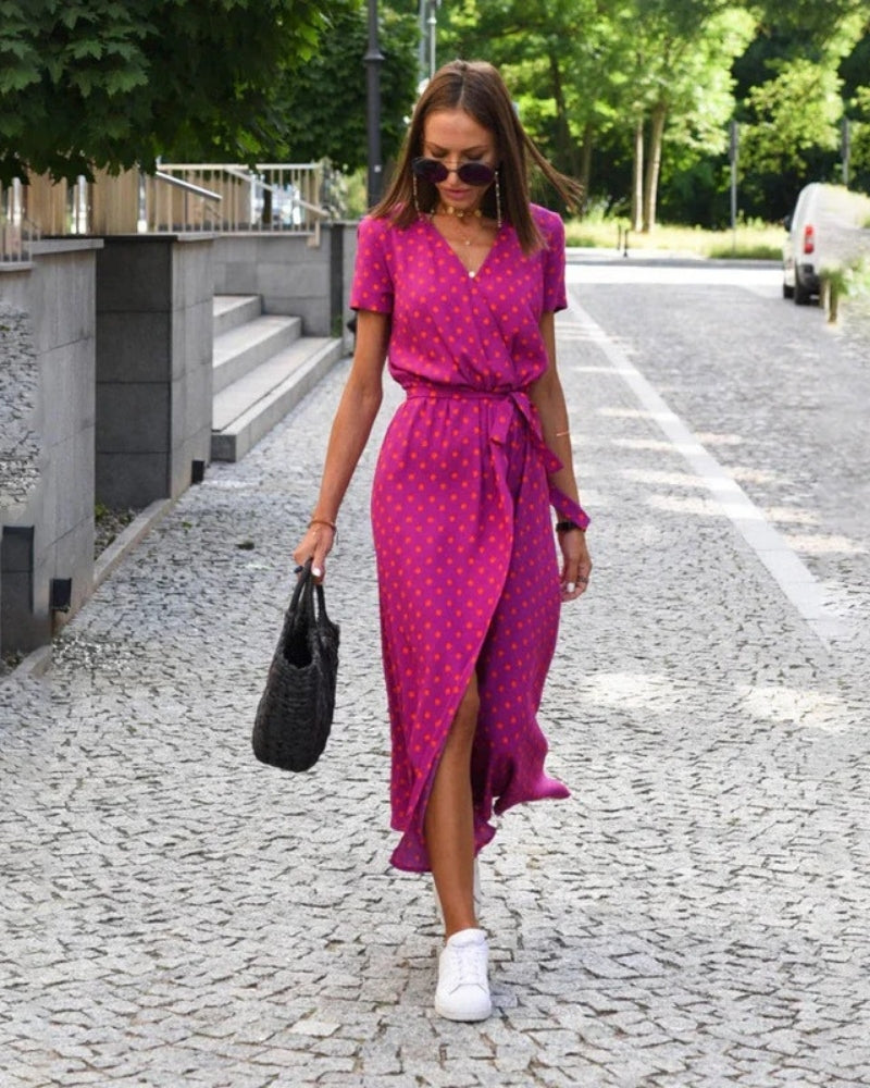 Festlich Damen florales Wickel-Midikleid mit V-Ausschnitt | Bindegürtel