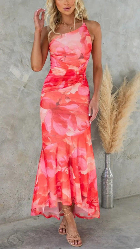 Festlich Damen Kleid Hochzeitsgast mit floralem Muster | Ein-Schulter