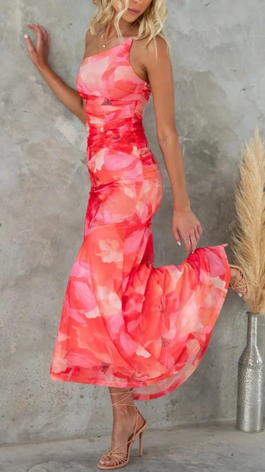 Festlich Damen Kleid Hochzeitsgast mit floralem Muster | Ein-Schulter