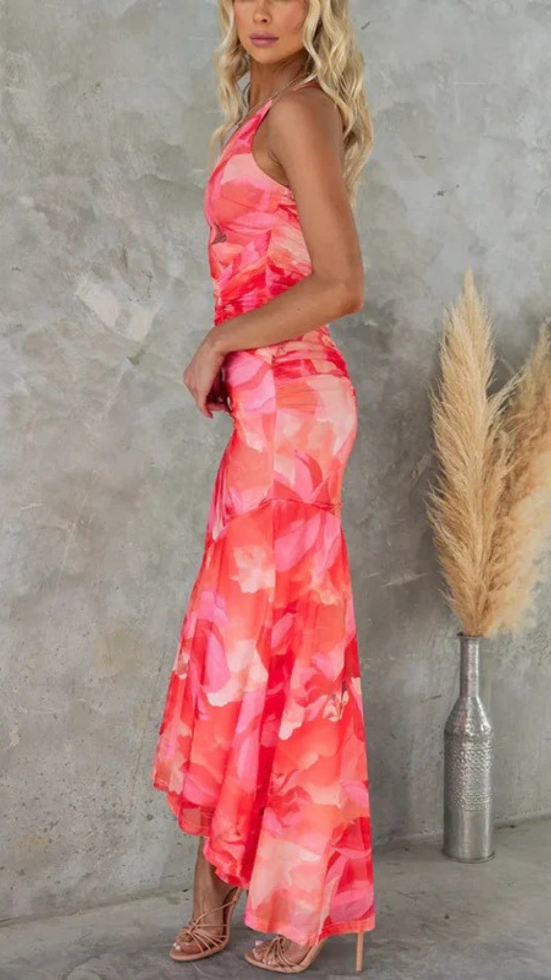 Festlich Damen Kleid Hochzeitsgast mit floralem Muster | Ein-Schulter