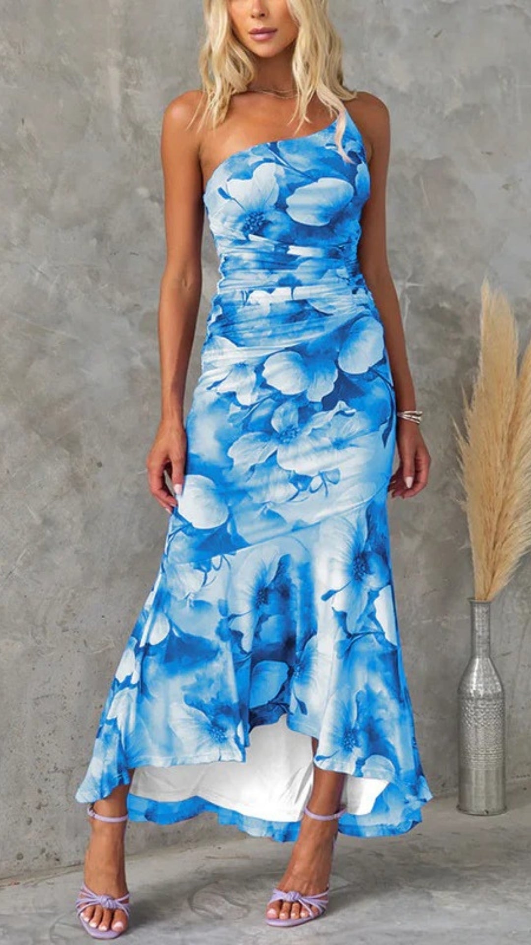 Festlich Damen Kleid Hochzeitsgast mit floralem Muster | Ein-Schulter