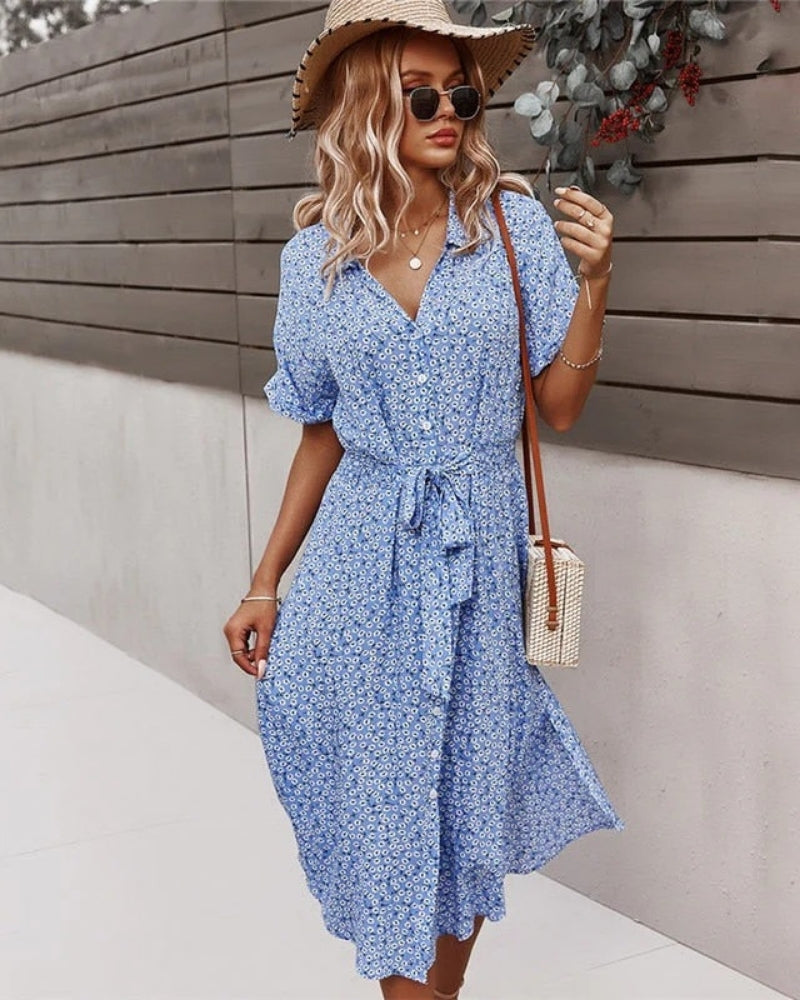 Florales Damen Midi Sommerkleid mit Bindegürtel | V-Ausschnitt