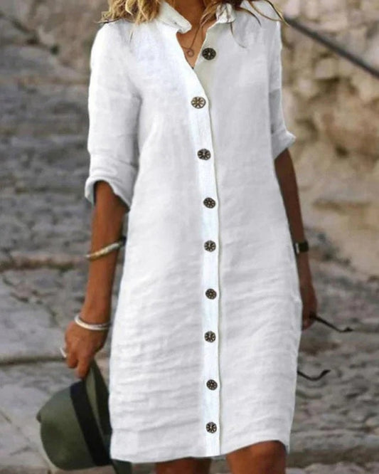 Klassisch Damen Midi Sommerkleid im Hemdstil | Knopfleiste