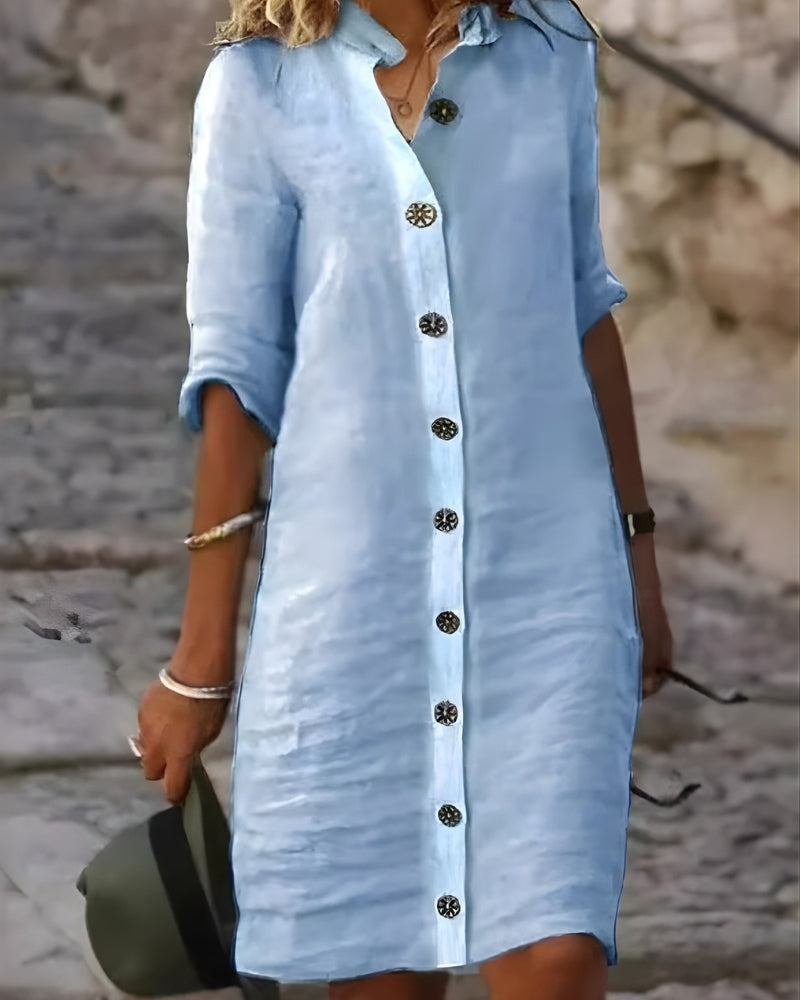 Klassisch Damen Midi Sommerkleid im Hemdstil | Knopfleiste