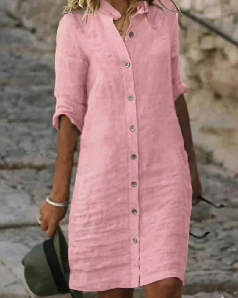 Klassisch Damen Midi Sommerkleid im Hemdstil | Knopfleiste