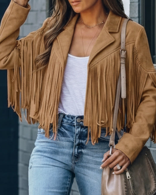 Fransen Winterjacke Damen – Kurzer Boho Mantel mit Reverskragen und modernem Stil