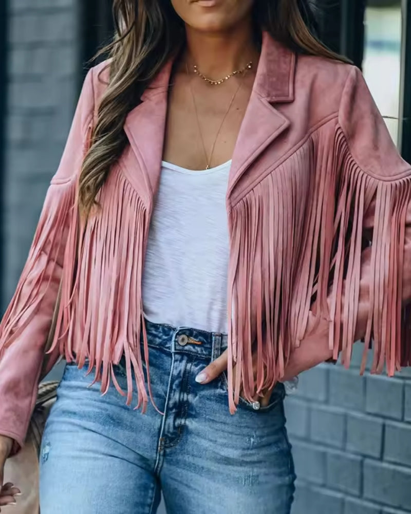 Fransen Winterjacke Damen – Kurzer Boho Mantel mit Reverskragen und modernem Stil