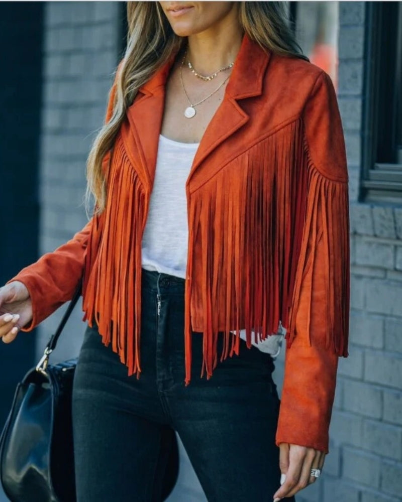 Fransen Winterjacke Damen – Kurzer Boho Mantel mit Reverskragen und modernem Stil