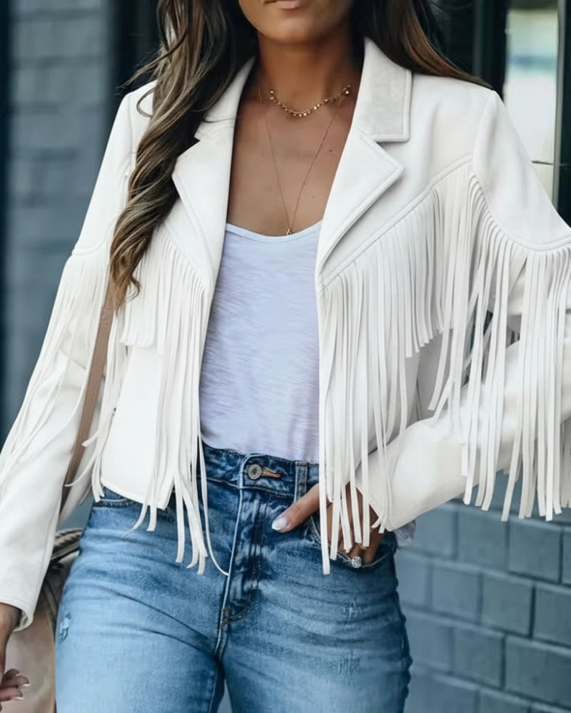 Fransen Winterjacke Damen – Kurzer Boho Mantel mit Reverskragen und modernem Stil