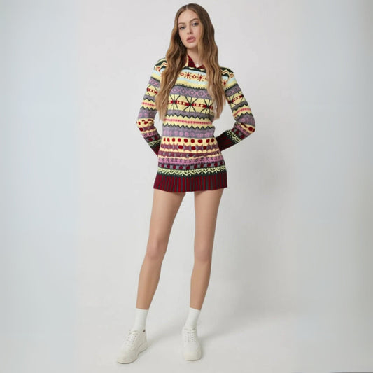 Gemusterter Strickpullover mit langen Ärmeln - Nordisch Geometrisch Stil