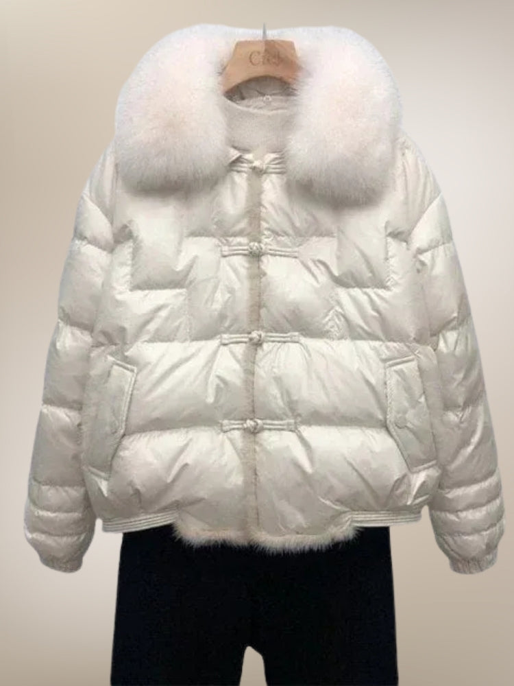 Gesteppte Puffer-Winterjacke – Glänzende Damenjacke mit Fellkragen
