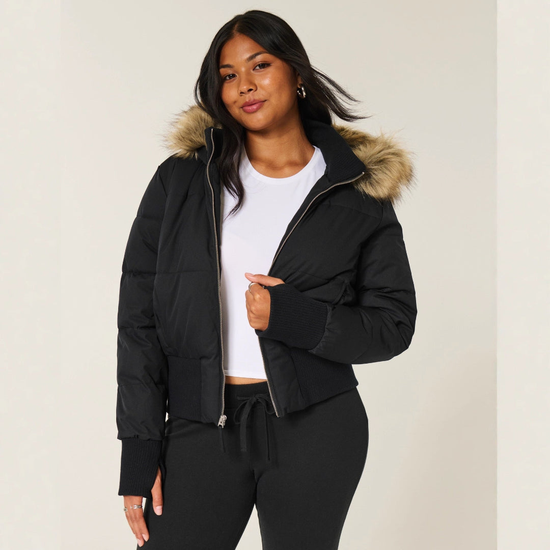Gesteppte Jacke Damen – Kurze Warmer Mantel mit Pelzbesatz