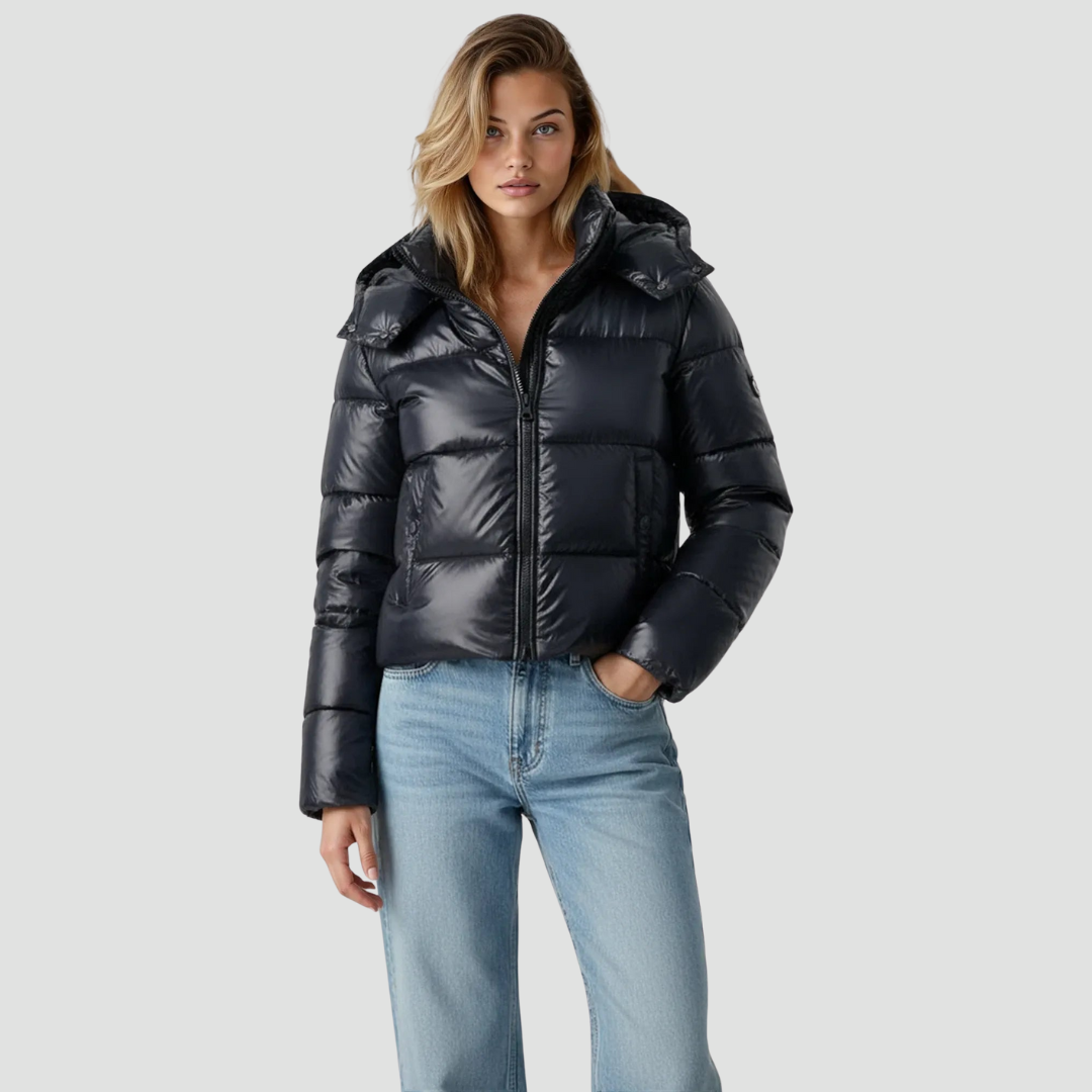 Glänzende Pufferjacke – Kurze Winterjacke für Damen mit Moderner Kapuze