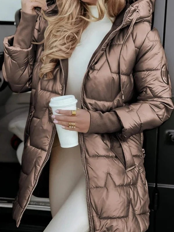Glänzende, Gesteppte Damen-Winterjacke – Mit Kapuze und Reißverschluss