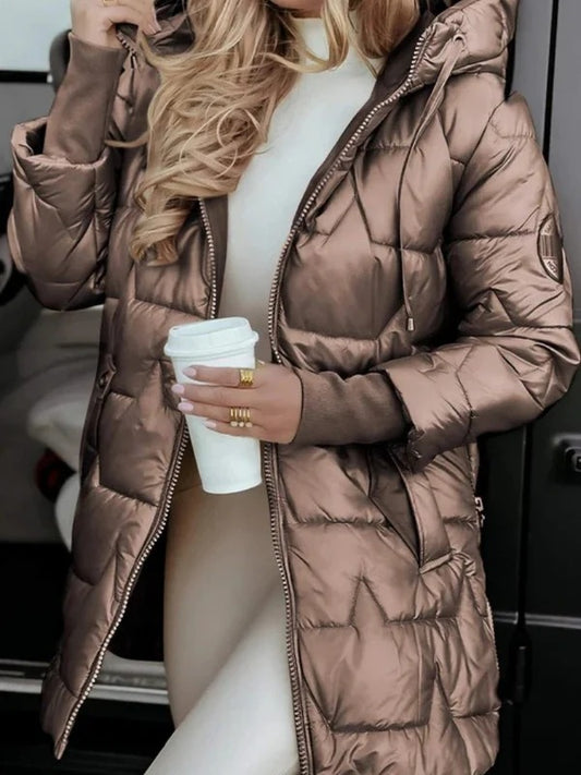 Glänzende, Gesteppte Damen-Winterjacke – Mit Kapuze und Reißverschluss