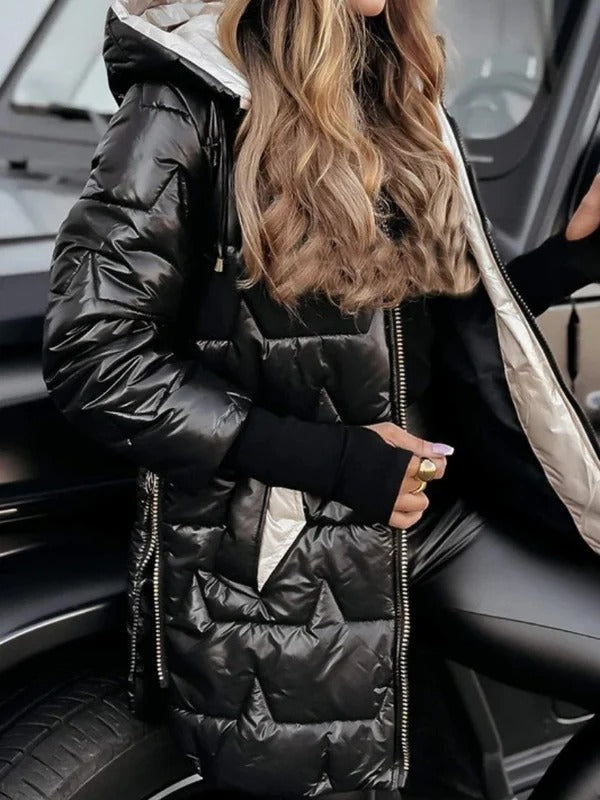 Glänzende, Gesteppte Damen-Winterjacke – Mit Kapuze und Reißverschluss