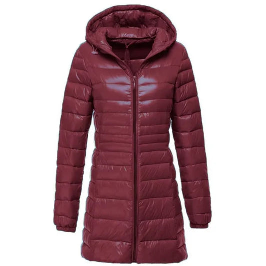 Glänzende lange Puffer-Winterjacke - leichter, warmer Mantel für Frauen bei kaltem Wetter