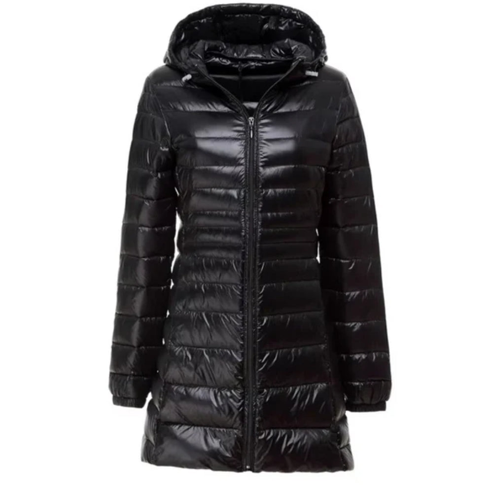 Glänzende lange Puffer-Winterjacke - leichter, warmer Mantel für Frauen bei kaltem Wetter