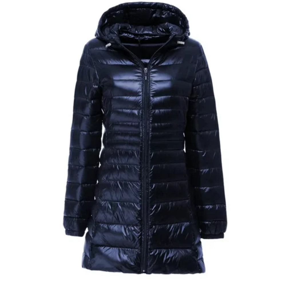 Glänzende lange Puffer-Winterjacke - leichter, warmer Mantel für Frauen bei kaltem Wetter
