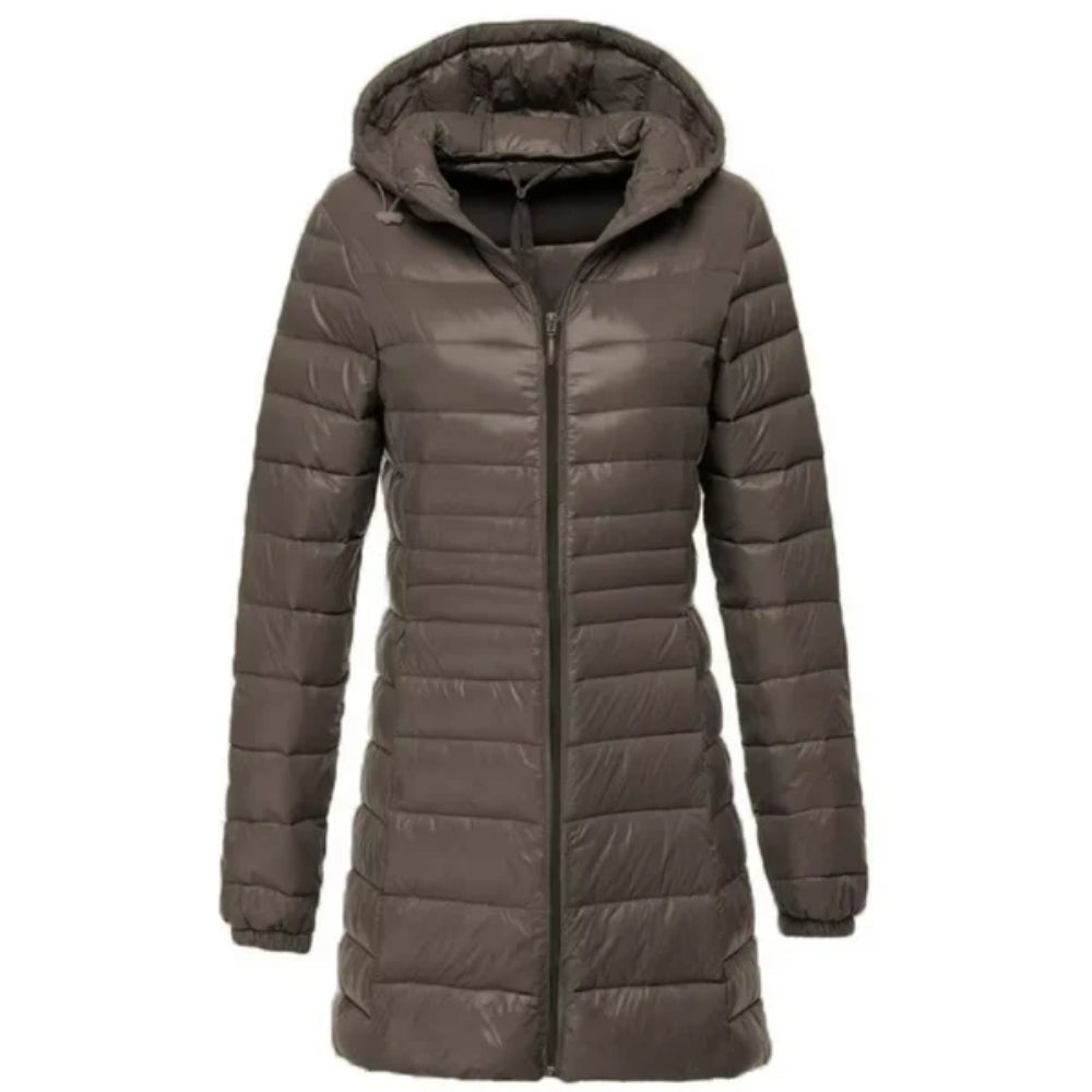 Glänzende lange Puffer-Winterjacke - leichter, warmer Mantel für Frauen bei kaltem Wetter