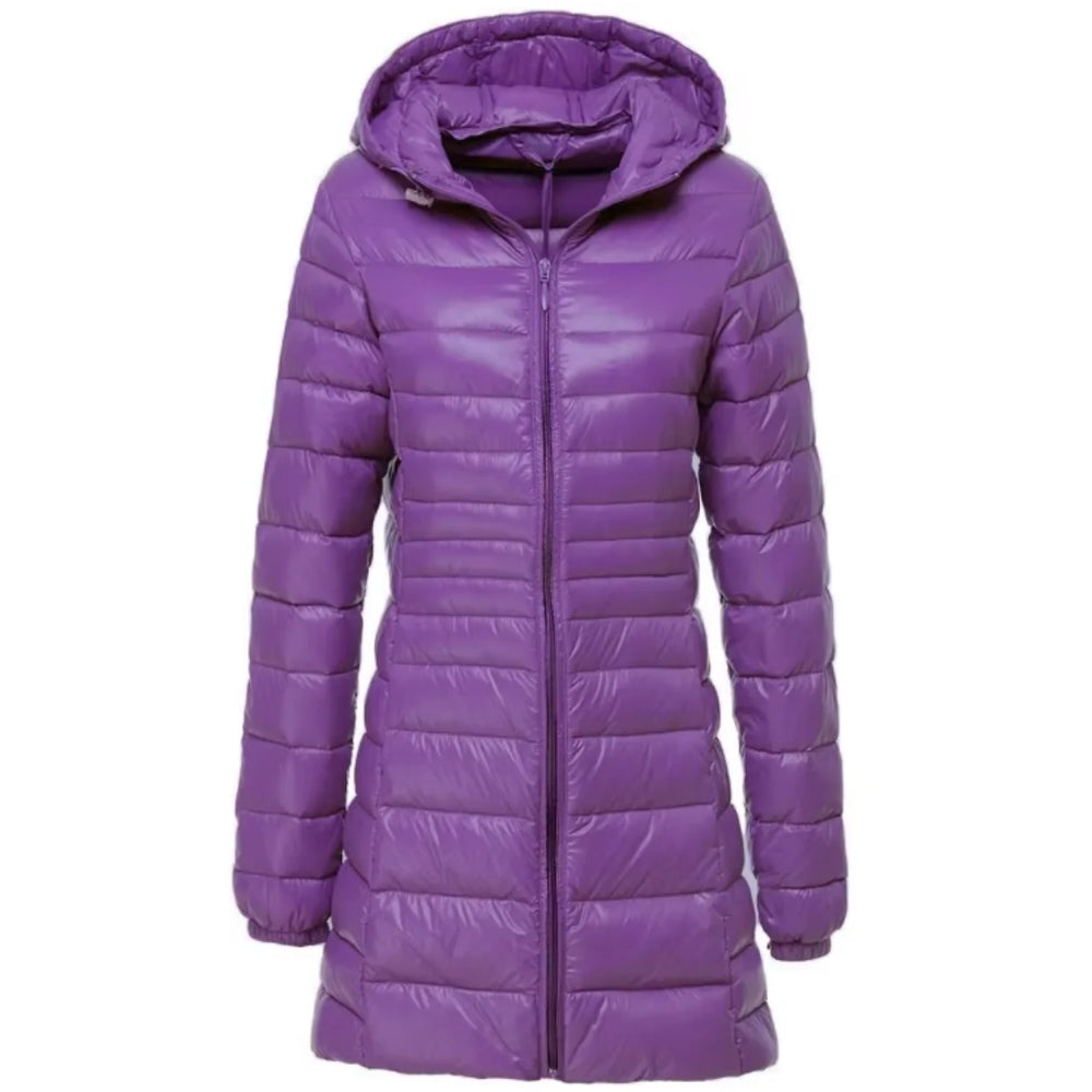 Glänzende lange Puffer-Winterjacke - leichter, warmer Mantel für Frauen bei kaltem Wetter