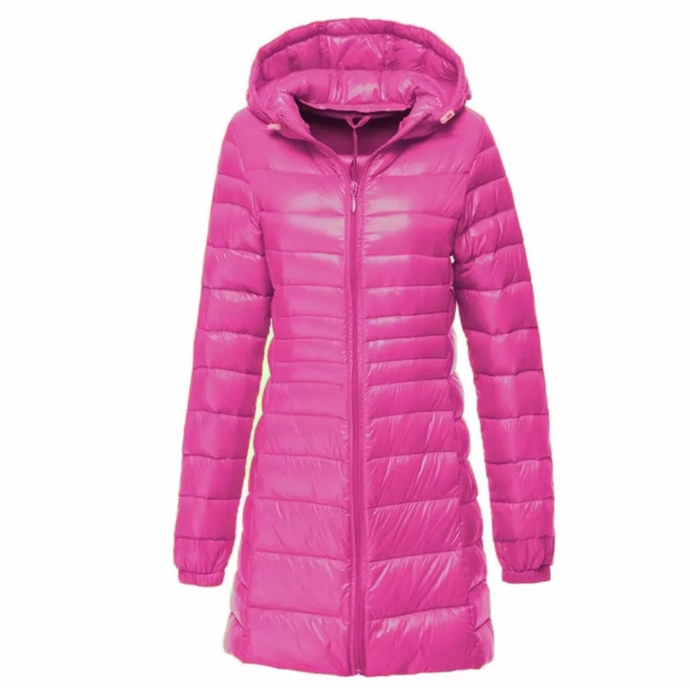 Glänzende lange Puffer-Winterjacke - leichter, warmer Mantel für Frauen bei kaltem Wetter