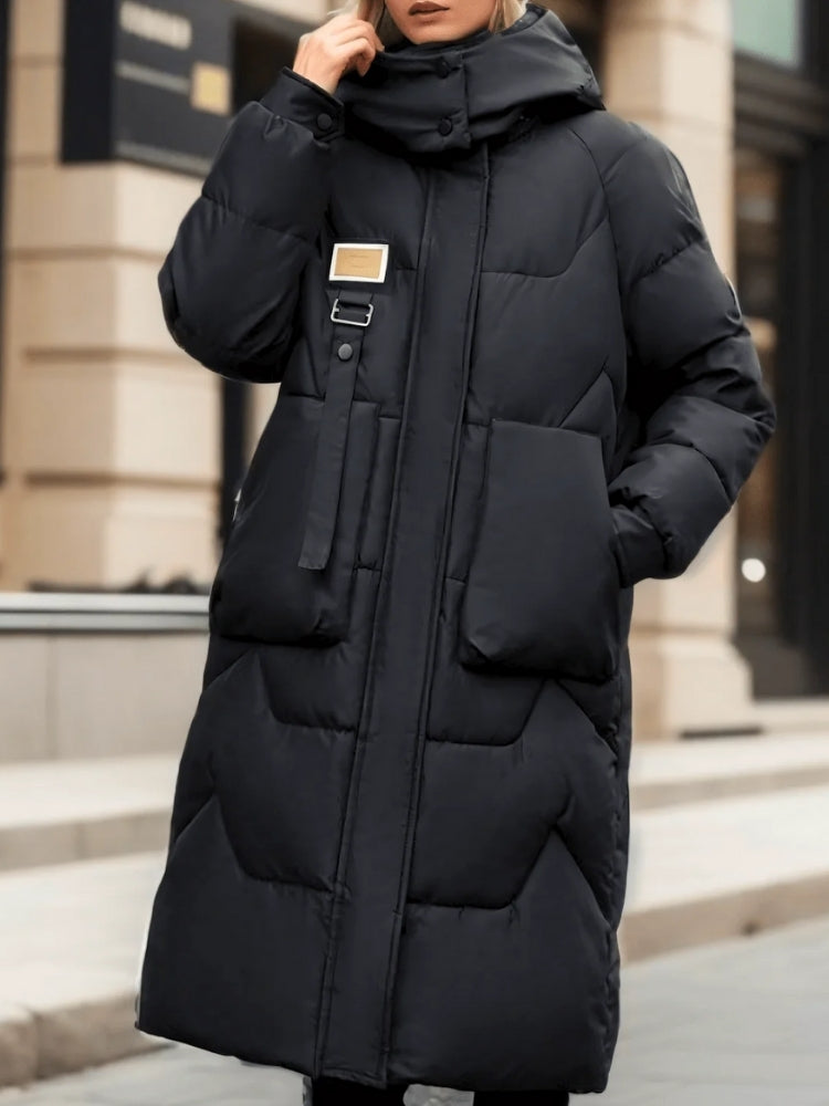 Glänzende Damen-Puffer-Winterjacke - lang geschnitten mit Reißverschluss