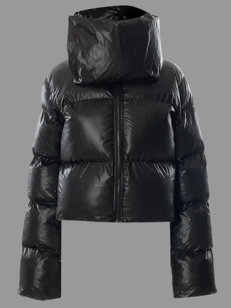 Glänzende Damen-Winterjacke – Gekürzte Pufferjacke mit übergroßer Kapuze