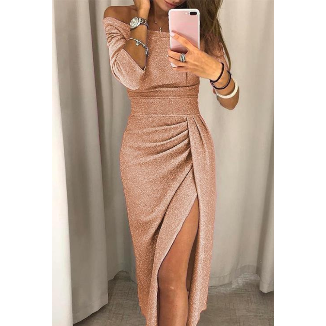 Glitzerndes Abendkleid Damen – Festliches Schulterfreies Kleid mit Schlitz