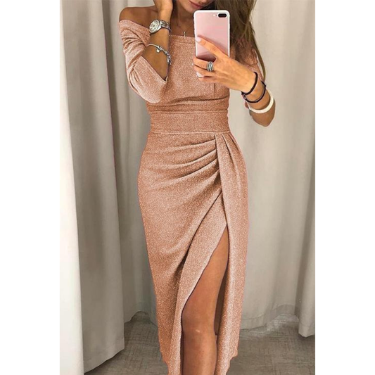 Glitzerndes Abendkleid Damen – Festliches Schulterfreies Kleid mit Schlitz