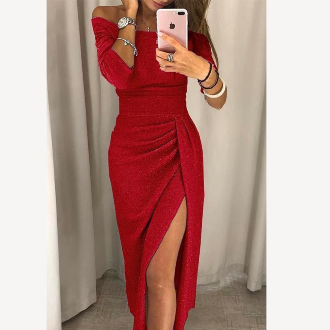 Glitzerndes Abendkleid Damen – Festliches Schulterfreies Kleid mit Schlitz