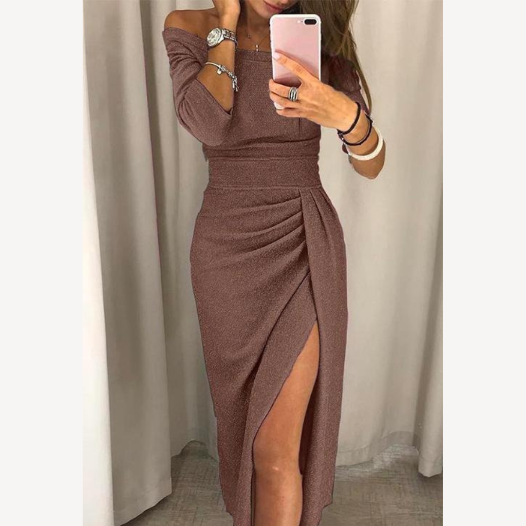 Glitzerndes Abendkleid Damen – Festliches Schulterfreies Kleid mit Schlitz