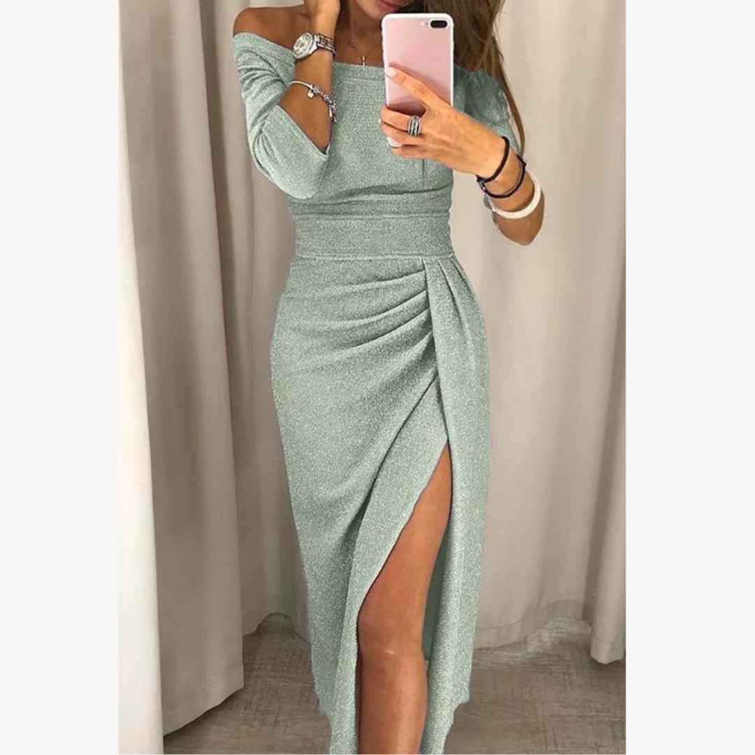 Glitzerndes Abendkleid Damen – Festliches Schulterfreies Kleid mit Schlitz