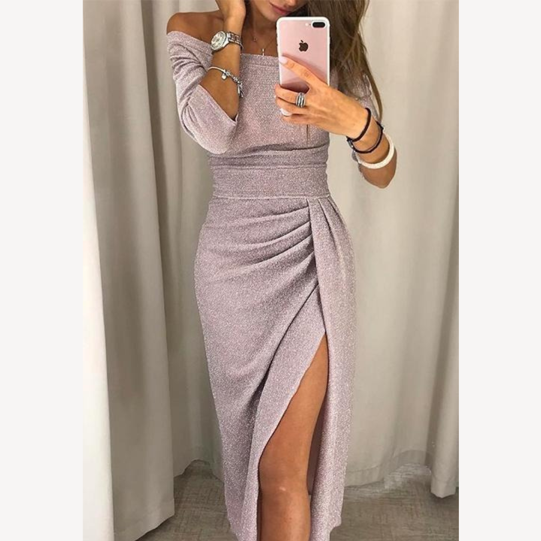 Glitzerndes Abendkleid Damen – Festliches Schulterfreies Kleid mit Schlitz