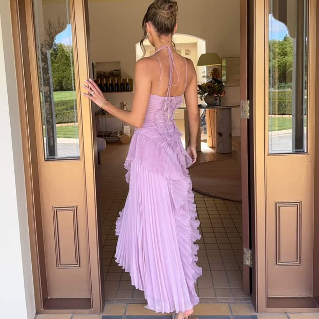Halter-Abendkleid Damen – Maxikleid mit Rüschen und Plissee-Struktur