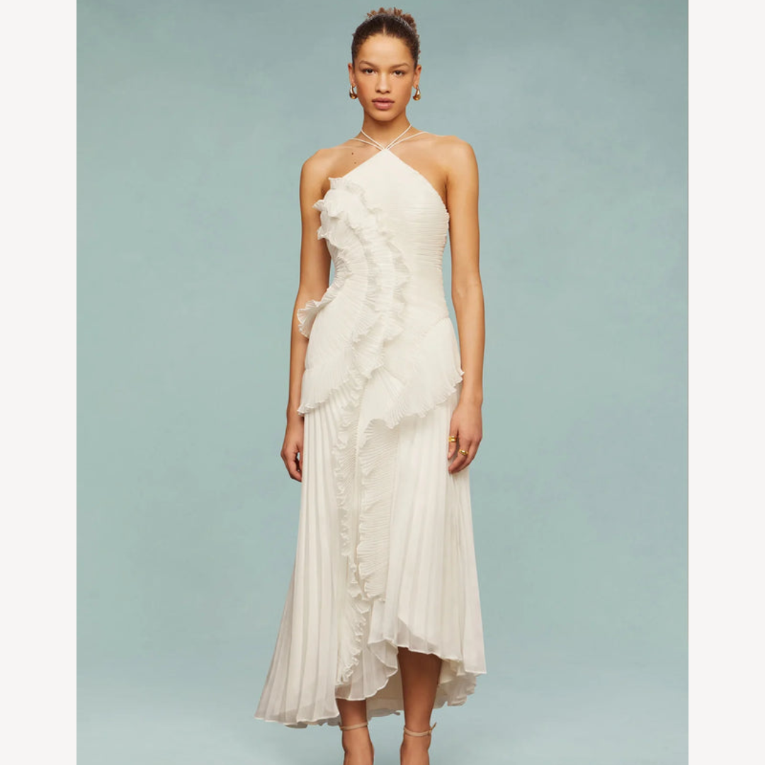 Halter-Abendkleid Damen – Maxikleid mit Rüschen und Plissee-Struktur