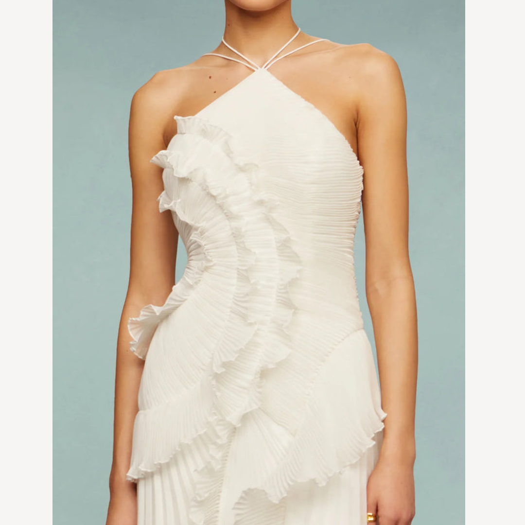 Halter-Abendkleid Damen – Maxikleid mit Rüschen und Plissee-Struktur