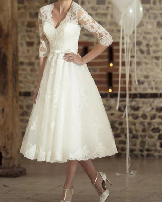 Hochzeitskleid Damen Midi mit 3/4-Ärmeln | Vintage