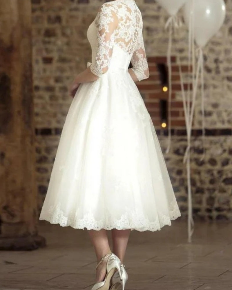 Hochzeitskleid Damen Midi mit 3/4-Ärmeln | Vintage