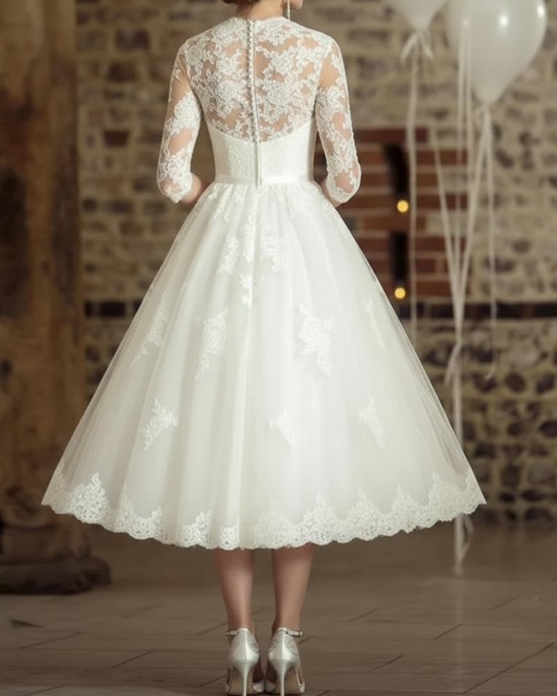 Hochzeitskleid Damen Midi mit 3/4-Ärmeln | Vintage