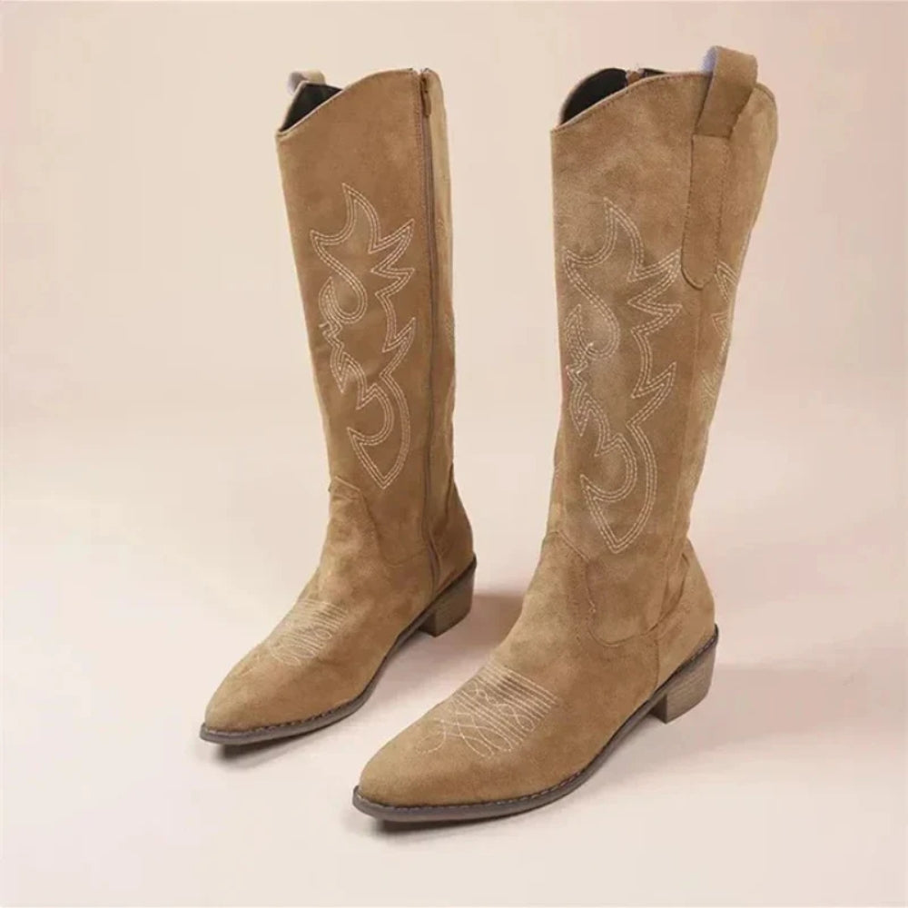 Klassische hohe Damen-Cowboystiefel - niedriger Absatz rutschfeste Sohle