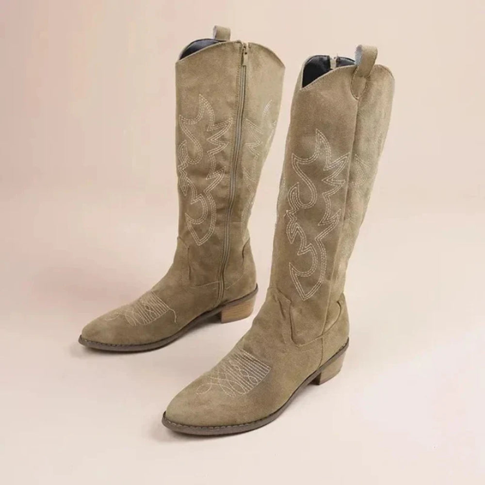Klassische hohe Damen-Cowboystiefel - niedriger Absatz rutschfeste Sohle