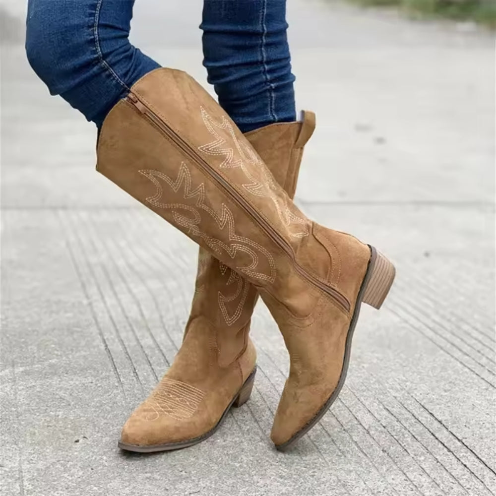 Klassische hohe Damen-Cowboystiefel - niedriger Absatz rutschfeste Sohle