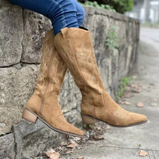 Klassische hohe Damen-Cowboystiefel - niedriger Absatz rutschfeste Sohle