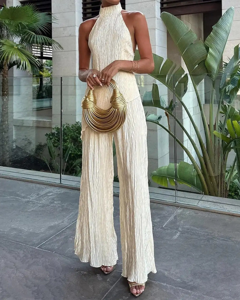 Hosenanzug Damen – Zweiteiliges Plissé-Set mit Halter-Ausschnitt